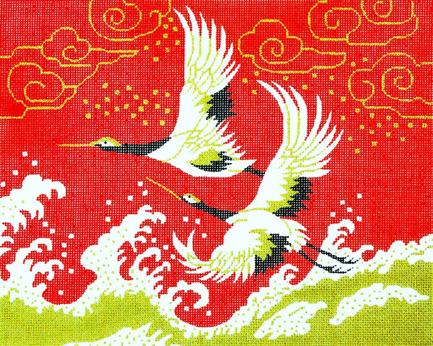 BF23 Lee's Needle Arts Crane On Red Hand-painted canvas - 18 Mesh 10.25in. X 8.25in.