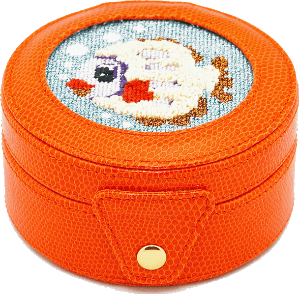 BAG29O Lee's Needle Arts Orange round 4in x 2in Gift box, fully lined. Use BJ designs 