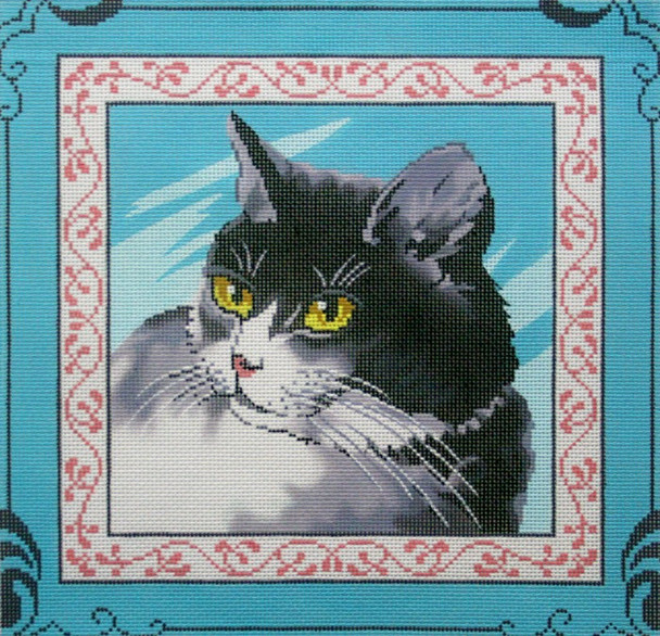 P1259 Lee's Needle Arts Cat on a blue pillow Hand-painted canvas - 13 Mesh 2012 12in x 12in