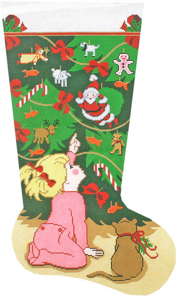 XS7161SKU Lee's Needle Arts Stocking Girl by tree. 13M 2014 13in x 23in