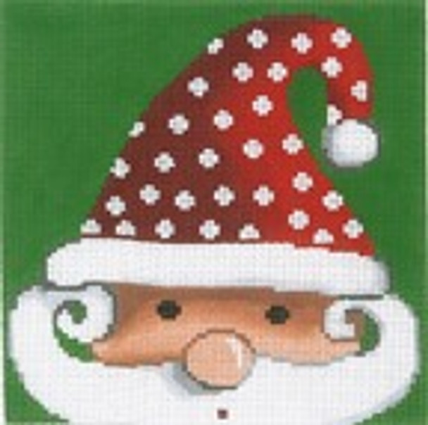 WH1348SKU Lee's Needle Arts Santa, Rosy Cheeks, Red & White Polka Dot Hat on Green, 5x5, 18M