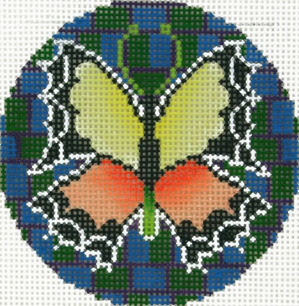 BJ182 Lee's Needle Arts Orange and Yellow Butterfly Hand-painted canvas - 18 Mesh 3in. Round