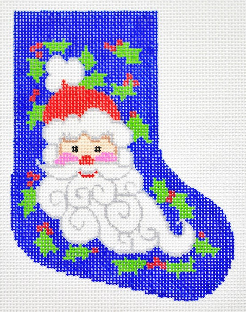 BX03 Lee's Needle Arts Stocking Santa Face & Holly Hand-painted canvas - 18 Mesh 4in. X 5in.