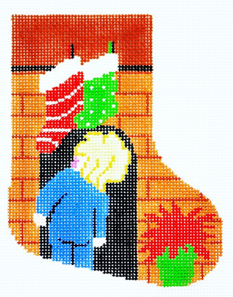 BX19 Lee's Needle Arts Stocking Where`s Santa Boy Hand-painted canvas - 18 Mesh 4in. X 5in.