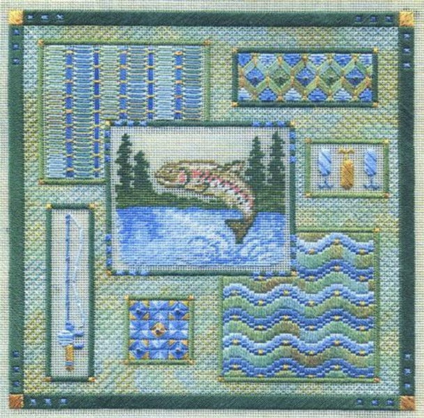 LEAPING TROUT COLLAGE (CC) 162 x 162 - 18ct canvas  Includes: beads Laura J Perin Designs Counted Canvas Pattern