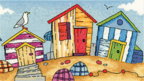 HCK1273A Heritage Crafts Kit Beach Huts  By the Sea by Karen Carter 7 3/4" x 4 1/2"; Aida; 14ct