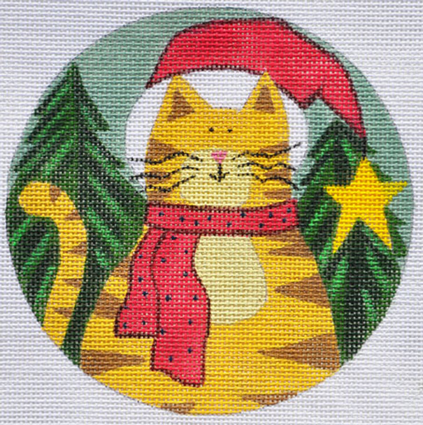 LK-60 Santa Cat Ornament 5” Round 18 Mesh Danji Designs LAURIE KORSGADEN