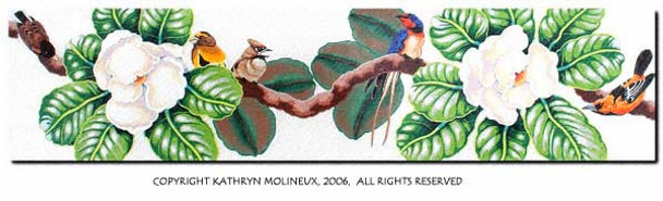 M-379 Table Runner: Magnolia w/Birds 48 x 11.5 13 Mesh Shorebird Studio