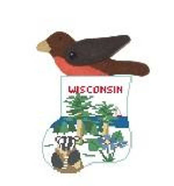 CM446 Wisconsin State Sock w/Robin Kathy Schenkel Designs 3.75 x 4 Mini Sock