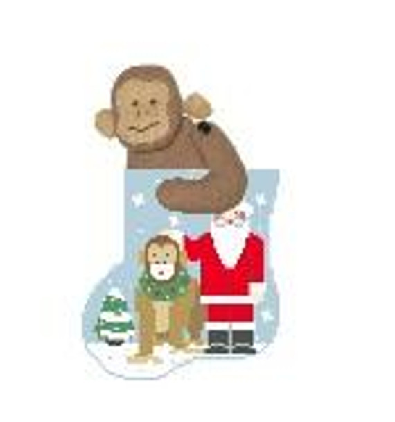 CM513 Monkey Santa w/Monkey Kathy Schenkel Designs  3.75 x 4 Mini Sock 18 Mesh