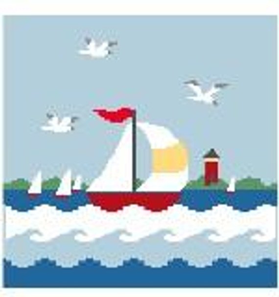 PW404 Sailboat with Waves Kathy Schenkel Designs 13ct 10 x 10