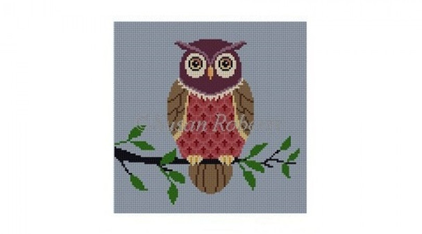 0799 Owl On Tree Branch, 6x6 18 Mesh  Susan Roberts Needlepoint 