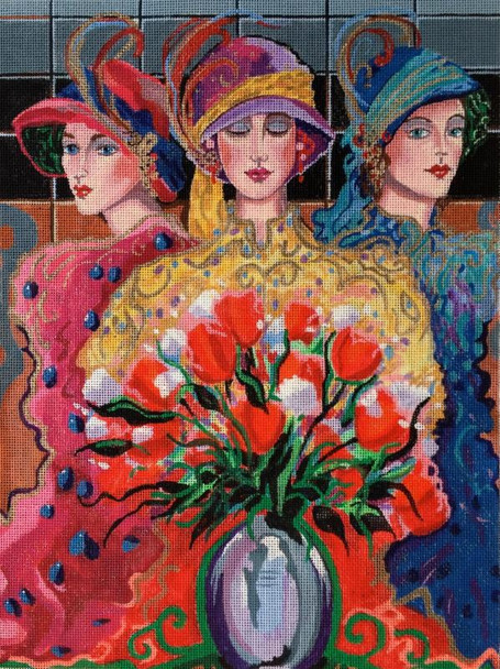 OA215 3 Ladies with Wildflowers 10 x 14 18 Mesh Otto de Souza Aguiar