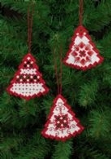 015625 Permin Kit Red Christmas Tree Ornaments (Set of 3 assorted) 3" x 3.2"; White Hardanger; 22ct 