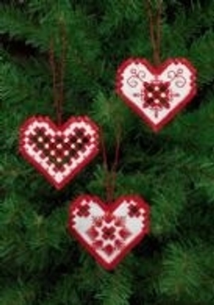 015627 Permin Kit Red Heart Ornament (Set of 3 assorted) 3" x 2.8"; White Hardanger; 22ct 