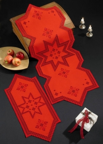 634629 Permin Kit Star - Red Hardanger  Table Topper (front)  10" x 29"; Hardanger; 22ct