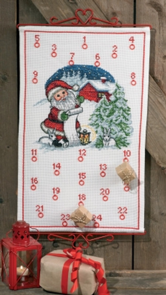 346226 Permin Kit Elf & Rabbit Advent Calendar Hanger not included.; 15.2" x 24.8"; White Aida 8ct 