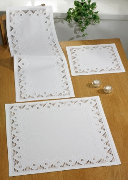 755876 Permin Kit White Table Runner (Upper Left) 16.4" x 43.2"; White Hardanger; 22ct