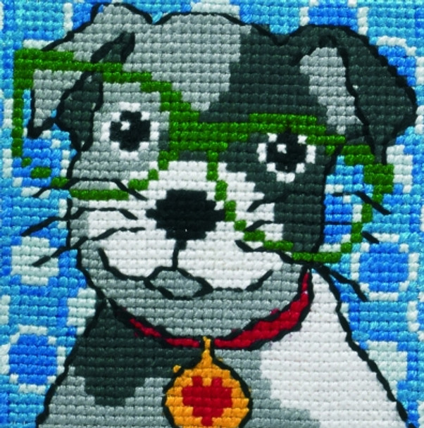 9124 Permin Kit Dog with Glasses Size: 10." x 10." Fabric: Printed Canvas Count: 4ct
