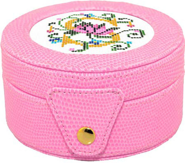 BAG29P Lee's Needle Arts Pink round 4in x 2in Gift box, fully lined. Use BJ designs 