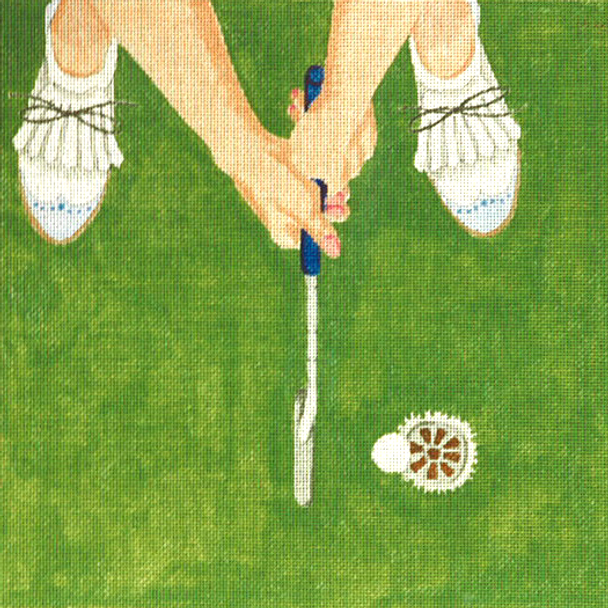 P007 She's Putting 14 x 14	13 Mesh Golf Jane Nichols Needlepoint