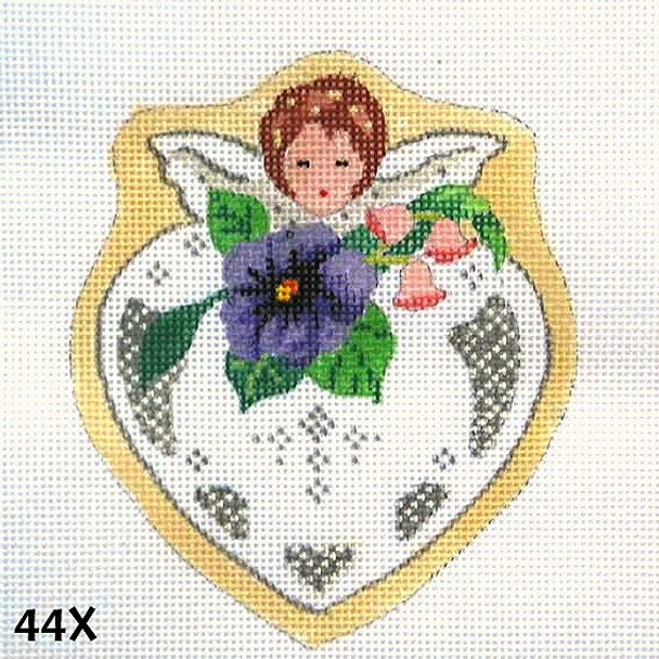 MM Designs 44X Red-Haired Boy Angel & Purple Pansy Heart Angel 4" x 4 1/2" 18 Mesh
