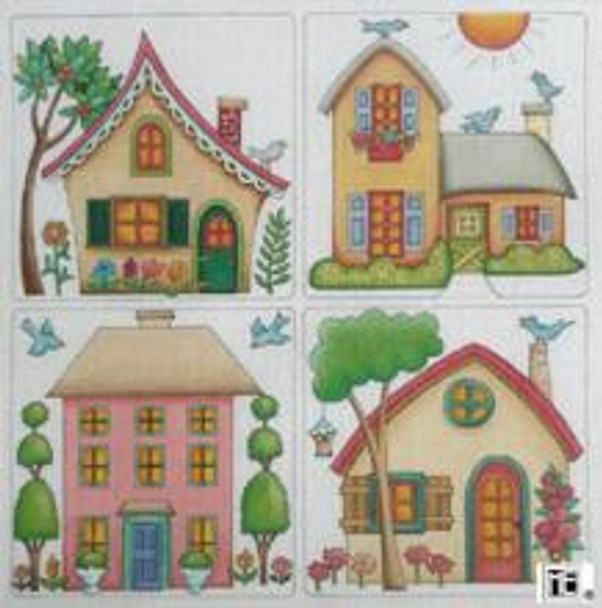 ME-PL04 Four Houses 10" x 10" 18 Count Garden  Mary Engelbreit