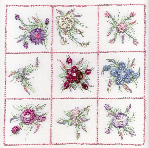 1821A Nine Flower Sampler #1 pastel Kit Fabric Size16X16 EdMar Brazilian Dimensional Embroidery