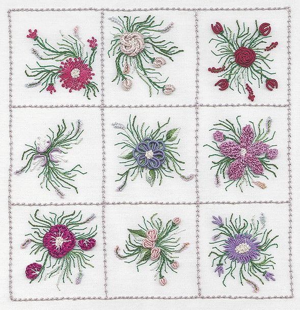 1821B Nine Flower Sampler #1 vibrant Kit Fabric Size16X16 EdMar Brazilian Dimensional Embroidery