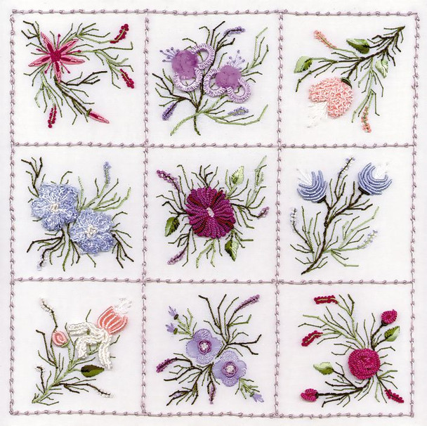 1822 Nine Flower Sampler #2 Print Only Fabric Size16X16 EdMar Brazilian Dimensional Embroidery