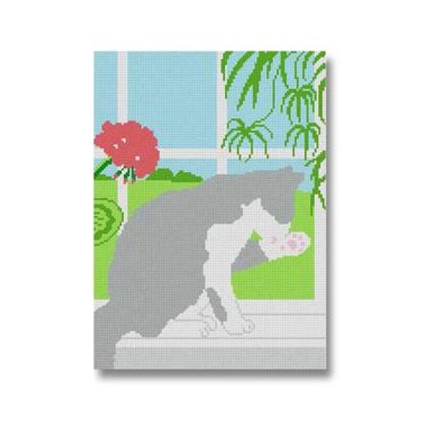 CE-PL-10 Grey Cat With Geranium 13 Mesh 9 x 12 Cecilia CBK