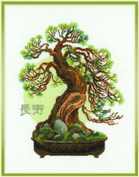 RL1037 Riolis Cross Stitch Kit Bonsai Pine Wish Well Longevity 14" x 18"; White Aida; 14ct 