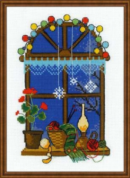 RL1592 Riolis Cross Stitch Kit Winter Window 6" x 8.25"; White Aida; 14ct 