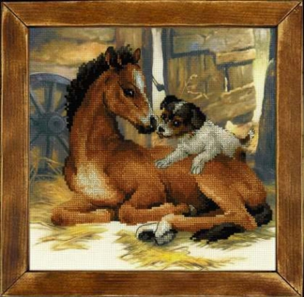 RLPT0052 Riolis Cross Stitch Kit Foal and Puppy 11.75" x 11.75"; Pre-printed Aida; 10ct 