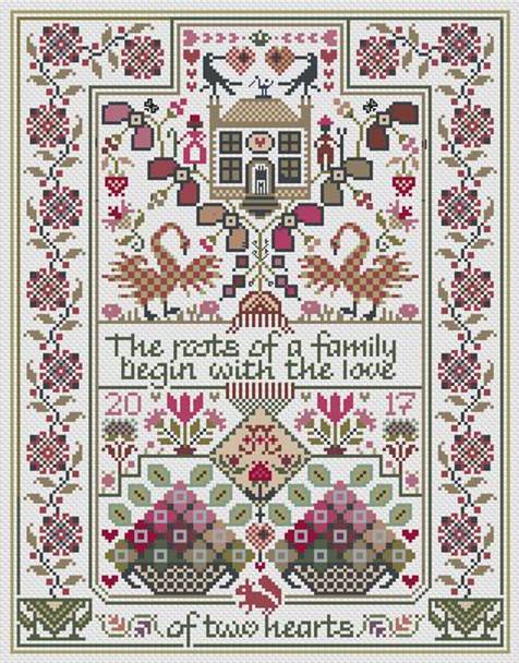 LD75 The Love of Two Hearts Stitch Count: 153 x 197 Long Dog Samplers