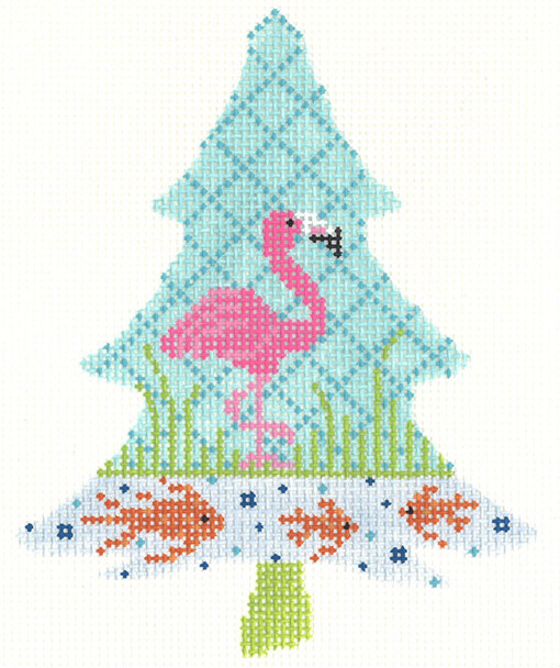 KCNT37-18 Tropics Flamingo Tree 3.75” x 4.5”| 18M Mesh With Stitch Guide and Thread Kit KELLY CLARK STUDIO, LLC