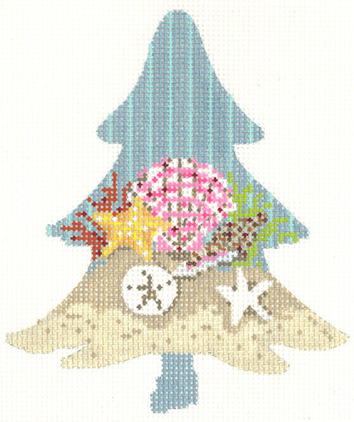 KCNT39-18 Seashells at the Shore Tree 3.75” x 4.5”18 Mesh With Stitch Guide and Thread Kit KELLY CLARK STUDIO, LLC