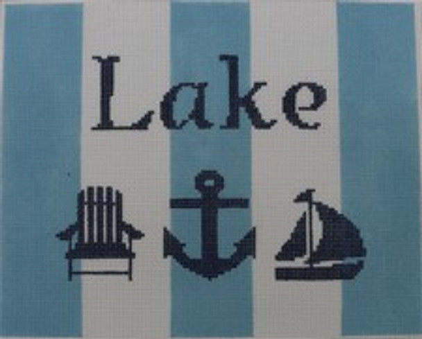 SG9 6 x 7.5 Lake with Adirondack chair, anchor, and sailboat - Blue and White 18 Mesh Kristine Kingston Needlepoint Designs