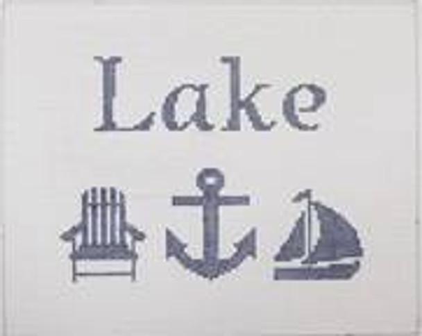 SG6 6 x 7.5 Lake with Adirondack chair, anchor, and sailboat - Navy and White 18 Mesh Kristine Kingston Needlepoint Designs