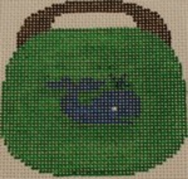 OBB108a  Blue Whale on Kelly Green 3.5 x 3.5 18 Mesh Kristine Kingston Needlepoint Designs