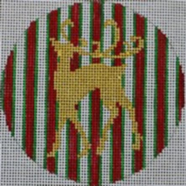 O115 4" Round Gold Reindeer on Red/Green Stripe 18 Mesh Kristine Kingston Needlepoint Designs