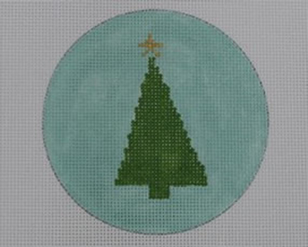 O124 Tree on Blue 4" Round 18 Mesh Kristine Kingston Needlepoint Designs