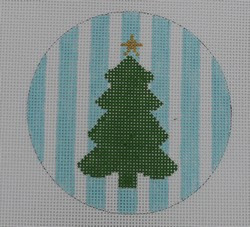 O125 Tree on Blue Stripe 4" Round 18 Mesh Kristine Kingston Needlepoint Designs