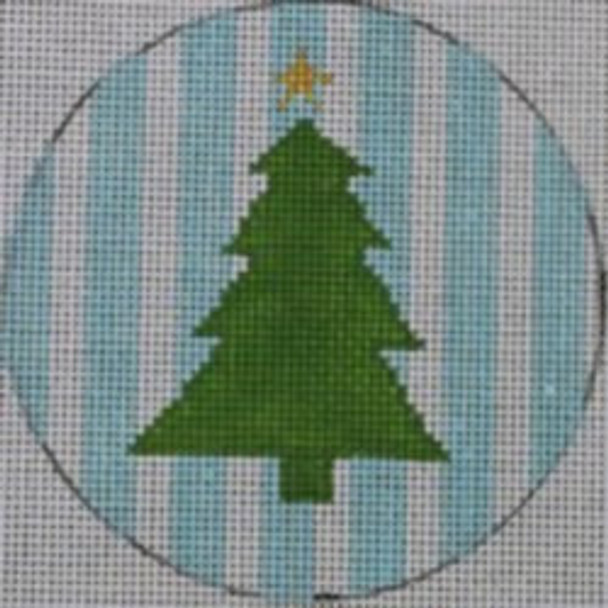 O126 Tree on Blue Stripe 4" Round 18 Mesh Kristine Kingston Needlepoint Designs