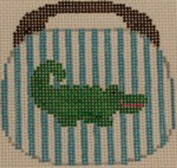 OBB100i Alligator on Turquoise and White Stripe 3.5 x 3.5 18 Mesh Kristine Kingston Needlepoint Designs