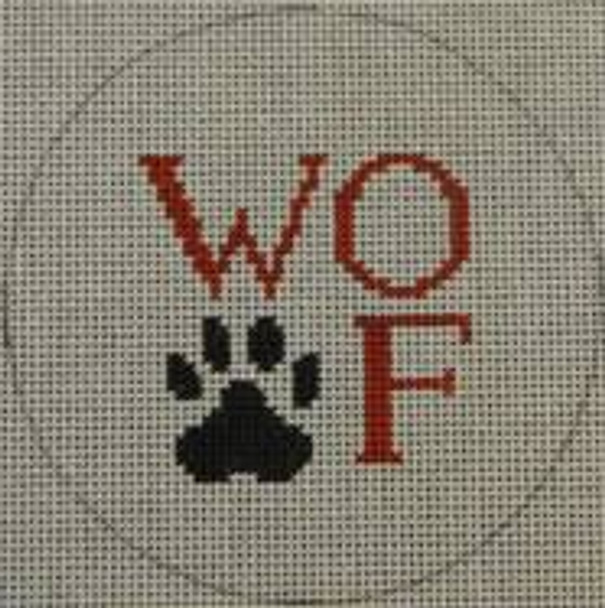 O111 4" Round Woof and Paw Print - Black and Red 18 Mesh Kristine Kingston Needlepoint Designs