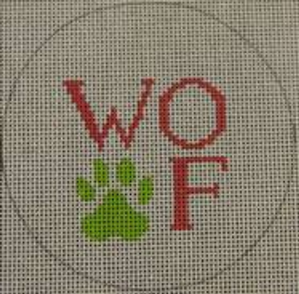 O112 4" Round Woof and Paw Print - Pink and Green 18 Mesh Kristine Kingston Needlepoint Designs