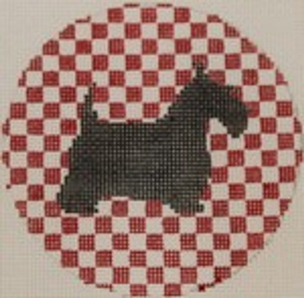 OAS100 4" Round Scottie Dog on Red Check 18 Mesh Kristine Kingston Needlepoint Designs