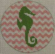 NTO3 Seahorse on Chevron - Green and Pale Pink 3" Round  18 Mesh Kristine Kingston Needlepoint Designs