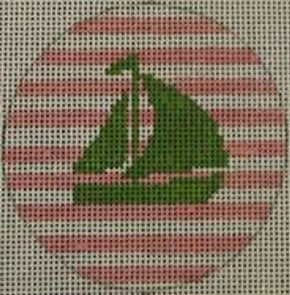 NTO12 3" Round Sailboat on Stripe - Green and Pale Pink 18 Mesh Kristine Kingston Needlepoint Designs